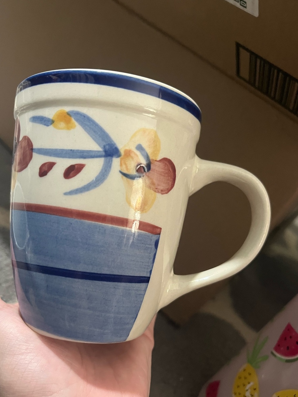 Trisa Stoneware Mug; Blue Trim w/ Red and Yellow Florals